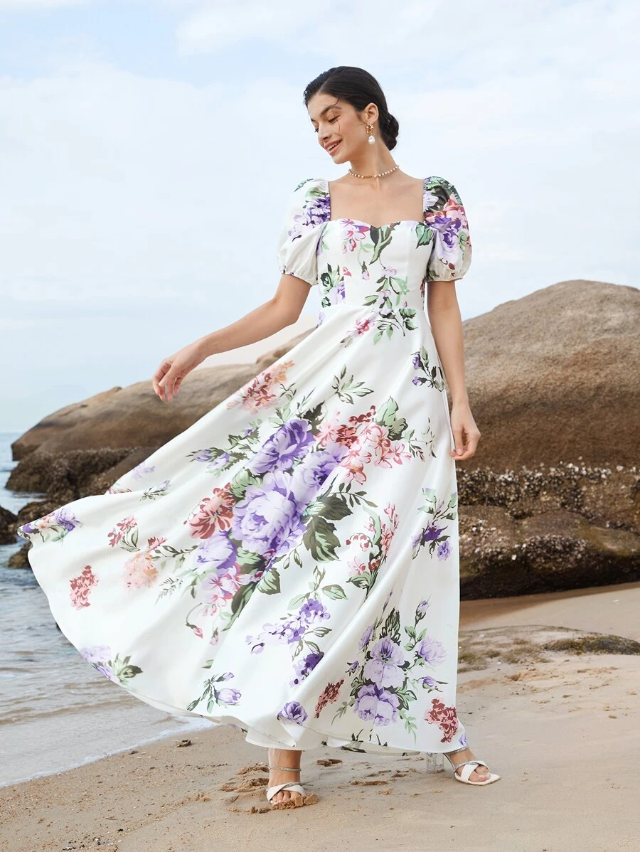 SHEIN Belle Floral Print Puff Sleeve Dress - Multicolor - View 1