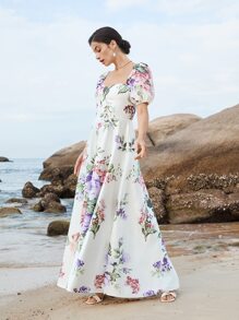 SHEIN Belle Floral Print Puff Sleeve Dress - Multicolor - View 4
