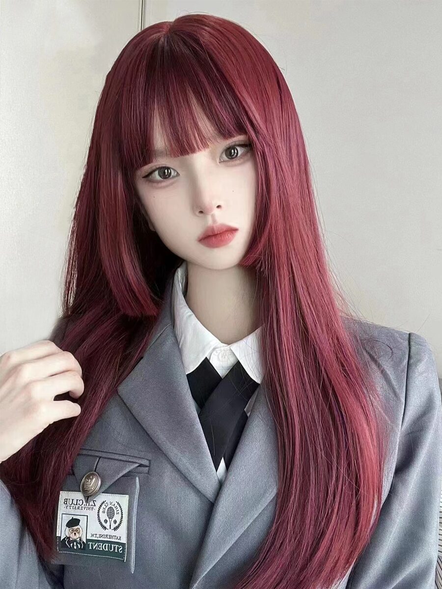 1 extensión de cabello liso sintético resistente al calor de 24 pulgadas de largo en estilo de corte princesa con gorro de peluca rojo rosa, aspecto suave y natural, adecuado para uso diario