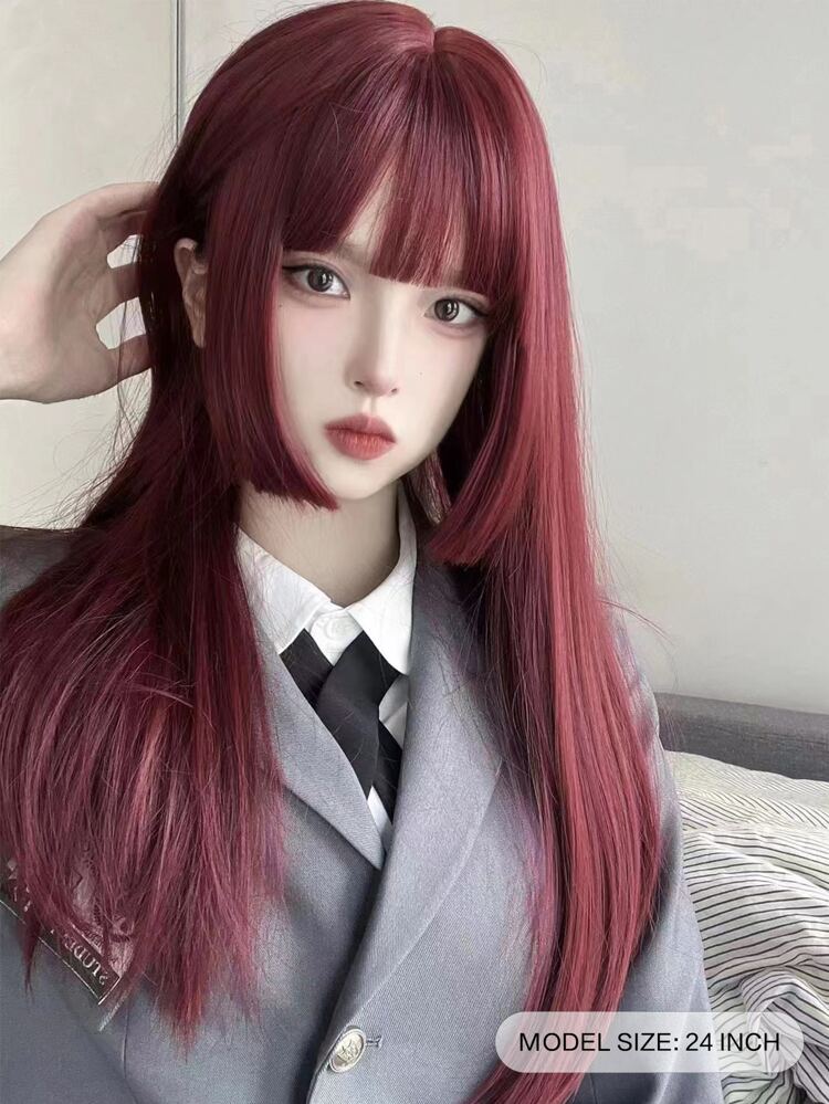 1pc 24 Inch Heat Resistant Synthetic Straight Hair Extensions, Princess Cut, With Rose Red Wig Cap, Soft & Natural, Suitable For Daily Wear