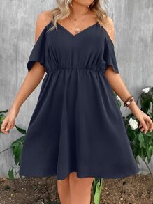 SHEIN LUNE 大碼挖肩素色A字連衣裙 - 藏蓝色 - 查看 5