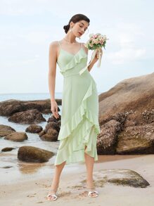 SHEIN Belle 荷葉邊不對稱下擺吊帶裙伴娘禮服 - 薄荷綠 - 查看 3