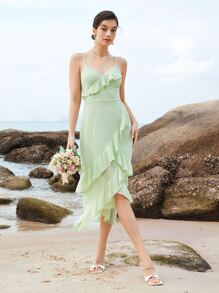 SHEIN Belle 荷葉邊不對稱下擺吊帶裙伴娘禮服 - 薄荷綠 - 查看 1