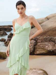 SHEIN Belle 荷葉邊不對稱下擺吊帶裙伴娘禮服 - 薄荷綠 - 查看 6