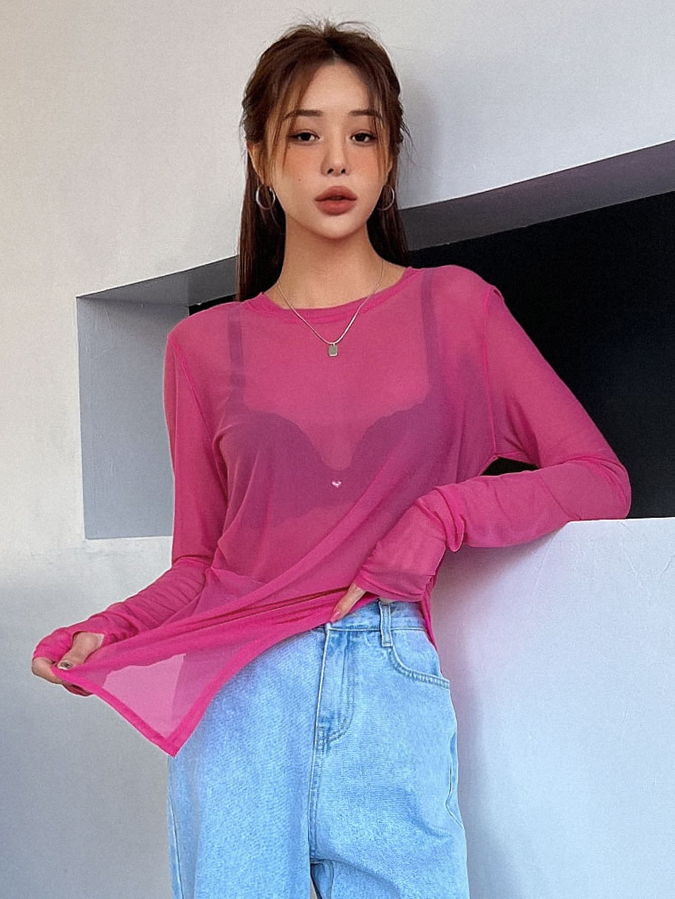 Solid Asymmetrical Hem Sheer Top Without Bra