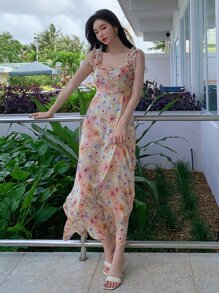 DAZY Vestido de tirantes con estampado floral pecho con fruncido - Multicolor - Ver 5