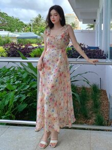 DAZY Vestido de tirantes con estampado floral pecho con fruncido - Multicolor - Ver 7