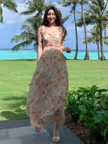 DAZY Vestido de tirantes con estampado floral pecho con fruncido - Multicolor - Ver 8