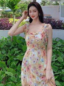 DAZY Vestido de tirantes con estampado floral pecho con fruncido - Multicolor - Ver 9