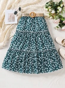 SHEIN 女孩碎花荷葉邊半身裙