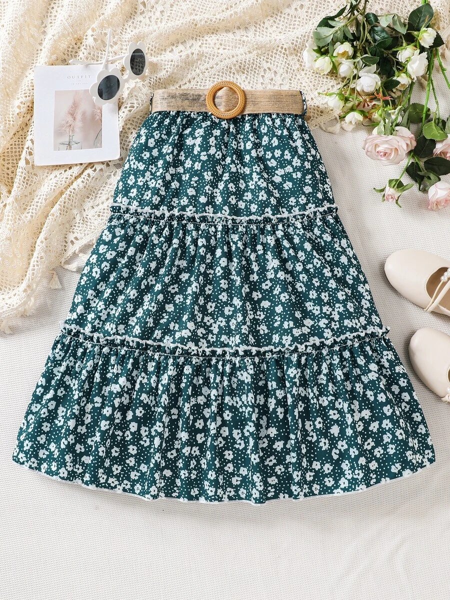 SHEIN 女孩碎花荷葉邊半身裙