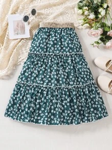 SHEIN 女孩碎花荷葉邊半身裙