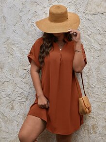 SHEIN LUNE Đầm Plus Size màu trơn Giải trí - Rỉ Nâu - Xem 1