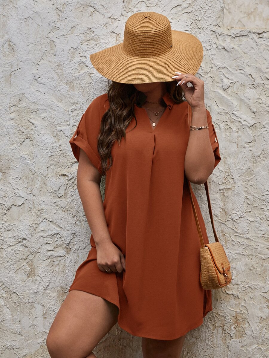 SHEIN LUNE Đầm Plus Size màu trơn Giải trí - Rỉ Nâu - Xem 1