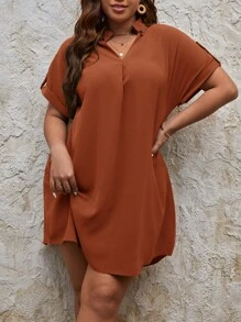 SHEIN LUNE Đầm Plus Size màu trơn Giải trí - Rỉ Nâu - Xem 3