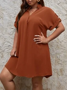 SHEIN LUNE Đầm Plus Size màu trơn Giải trí - Rỉ Nâu - Xem 5