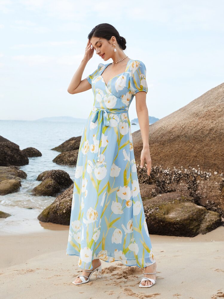 SHEIN Belle חגור בגדי מעטפת רוכסן פרחוני שמלות שושבינות - ריבוי צבעים - ראה 1