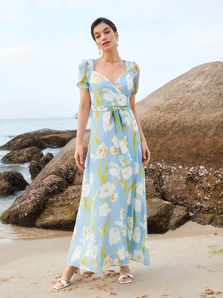 SHEIN Belle חגור בגדי מעטפת רוכסן פרחוני שמלות שושבינות - ריבוי צבעים - ראה 3