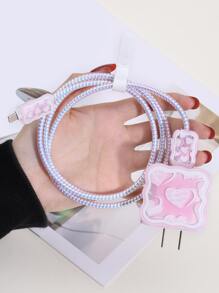 5 cái Bộ bảo vệ cáp dữ liệu họa tiết trái tim & Bộ nắp đầu sạc - Hồng - Xem 1