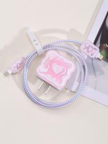 5 cái Bộ bảo vệ cáp dữ liệu họa tiết trái tim & Bộ nắp đầu sạc - Hồng - Xem 5