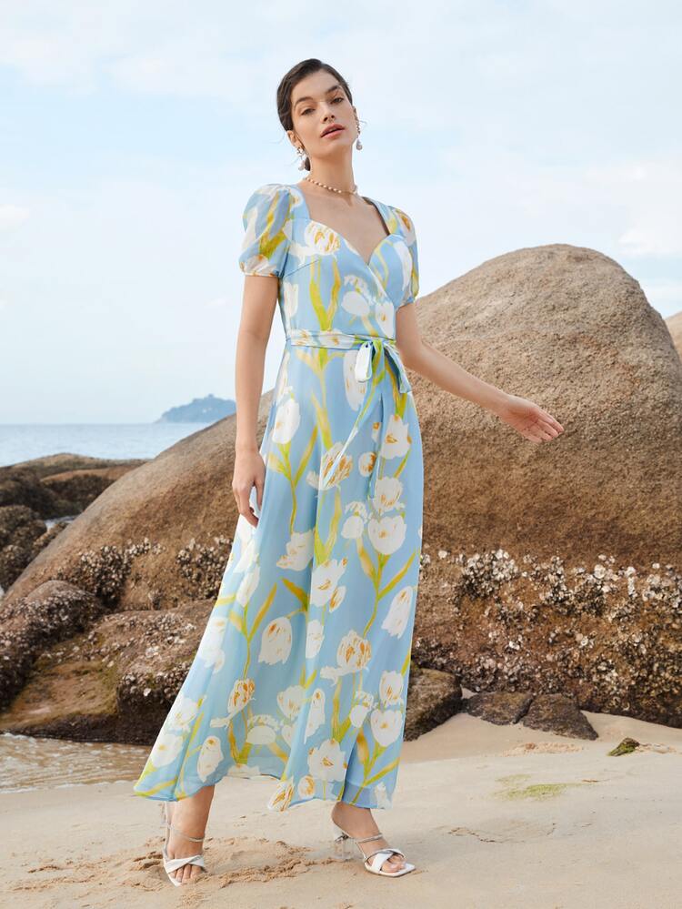 SHEIN Belle חגור בגדי מעטפת רוכסן פרחוני שמלות שושבינות - ריבוי צבעים - ראה 5