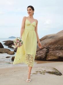 SHEIN Belle Váy phù dâu Tương phản ren Dây kéo Nếp gấp Phần Ngực màu trơn - Màu vàng - Xem 3