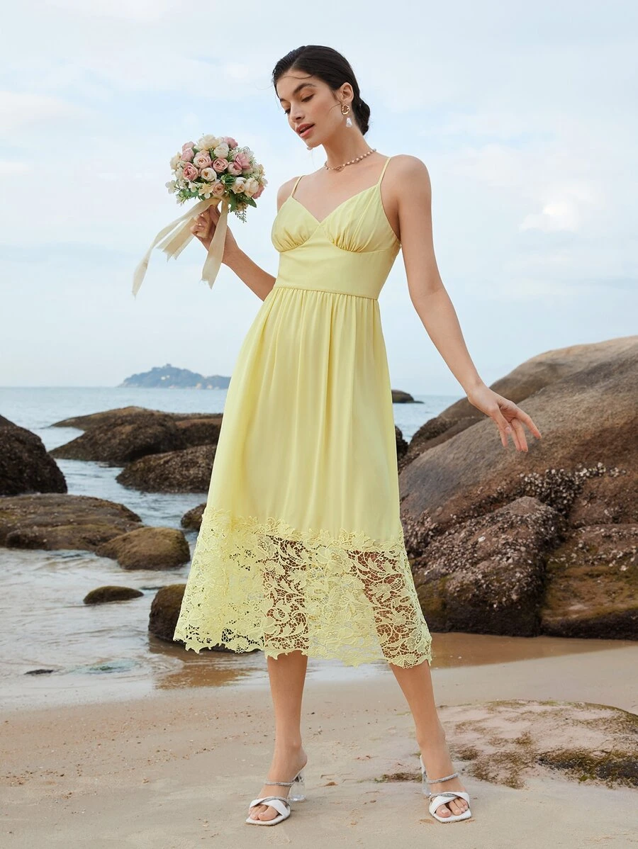 SHEIN Belle Váy phù dâu Tương phản ren Dây kéo Nếp gấp Phần Ngực màu trơn - Màu vàng - Xem 1