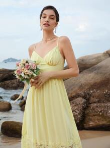 SHEIN Belle Váy phù dâu Tương phản ren Dây kéo Nếp gấp Phần Ngực màu trơn - Màu vàng - Xem 4