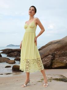 SHEIN Belle Váy phù dâu Tương phản ren Dây kéo Nếp gấp Phần Ngực màu trơn - Màu vàng - Xem 5