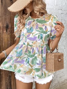 SHEIN VCAY Allover Print Puff Sleeve Peplum Blouse - Multicolor - View 1