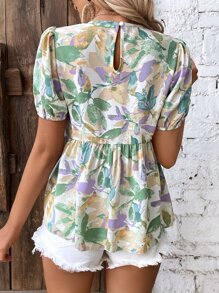 SHEIN VCAY Allover Print Puff Sleeve Peplum Blouse - Multicolor - View 2