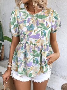 SHEIN VCAY Allover Print Puff Sleeve Peplum Blouse - Multicolor - View 3