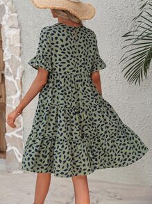 Breezaya Allover Print Flounce Sleeve Ruffle Hem Smock Dress Vacation Beach Outfits Women