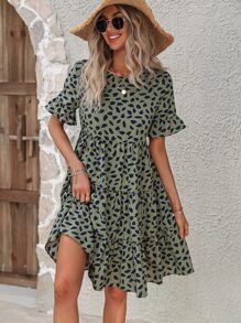 Breezaya Allover Print Flounce Sleeve Ruffle Hem Smock Dress Vacation Beach Outfits Women