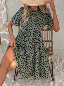 Breezaya Allover Print Flounce Sleeve Ruffle Hem Smock Dress Vacation Beach Outfits Women