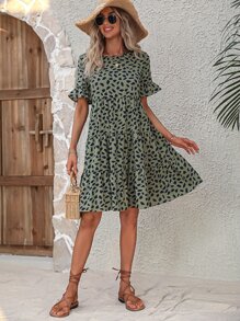 Breezaya Allover Print Flounce Sleeve Ruffle Hem Smock Dress Vacation Beach Outfits Women