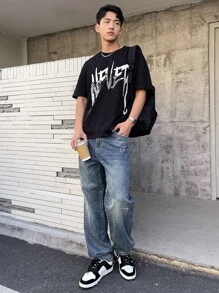 DAZY 男士棉潑墨圖案直筒牛仔褲 - 深色水洗藍 - 查看 4