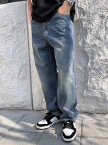 DAZY 男士棉潑墨圖案直筒牛仔褲 - 深色水洗藍 - 查看 5