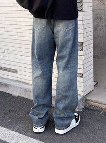 DAZY 男士棉潑墨圖案直筒牛仔褲 - 深色水洗藍 - 查看 2