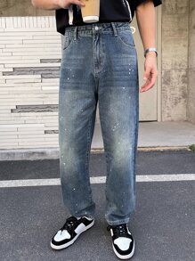 DAZY 男士棉潑墨圖案直筒牛仔褲 - 深色水洗藍 - 查看 6