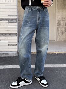 DAZY 男士棉潑墨圖案直筒牛仔褲 - 深色水洗藍 - 查看 7