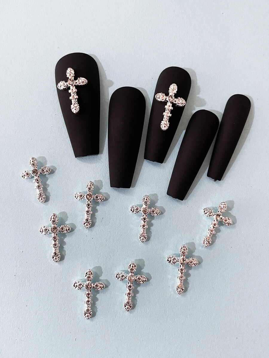 Conjunto de 10 piezas de decoraciones para uñas con forma de cruz y diamantes de imitación brillantes para arte de uñas, encantos para uñas, gemas para uñas y suministros para uñas DIY - Plateado - Ver 1