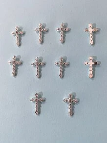 Conjunto de 10 piezas de decoraciones para uñas con forma de cruz y diamantes de imitación brillantes para arte de uñas, encantos para uñas, gemas para uñas y suministros para uñas DIY - Plateado - Ver 2