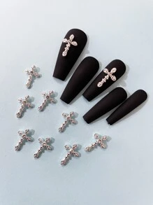 Conjunto de 10 piezas de decoraciones para uñas con forma de cruz y diamantes de imitación brillantes para arte de uñas, encantos para uñas, gemas para uñas y suministros para uñas DIY - Plateado - Ver 3