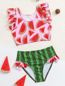 SHEIN Conjunto de bikini con volantes y estampado de sandía para niña, para playa de verano - Multicolor - Ver 1