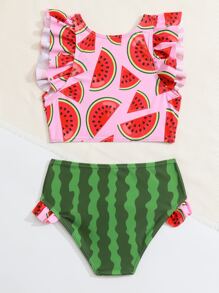 SHEIN Conjunto de bikini con volantes y estampado de sandía para niña, para playa de verano - Multicolor - Ver 2