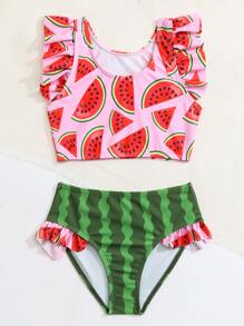 SHEIN Conjunto de bikini con volantes y estampado de sandía para niña, para playa de verano - Multicolor - Ver 5
