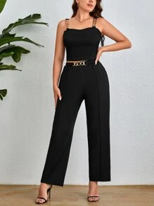 SHEIN Essnce Bộ thời trang Plus Size Chuỗi màu trơn Giải trí - màu đen - Xem 1