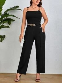 SHEIN Essnce Bộ thời trang Plus Size Chuỗi màu trơn Giải trí - màu đen - Xem 3