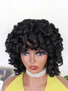 短卷发合成假发（带刘海） - 黑色 - 查看 4